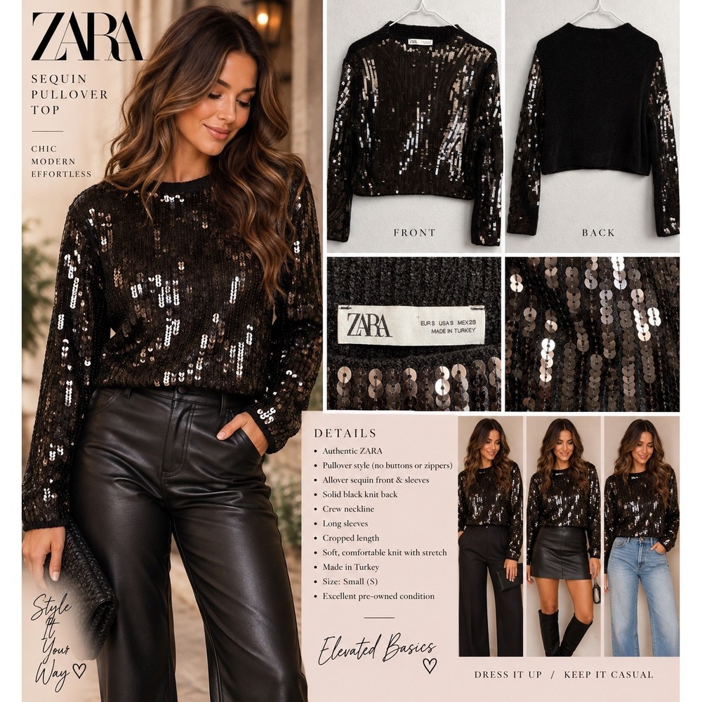 ZARA Sequin Pullover Top Black Cropped Long Sleeve Crew Neck Sweater Small